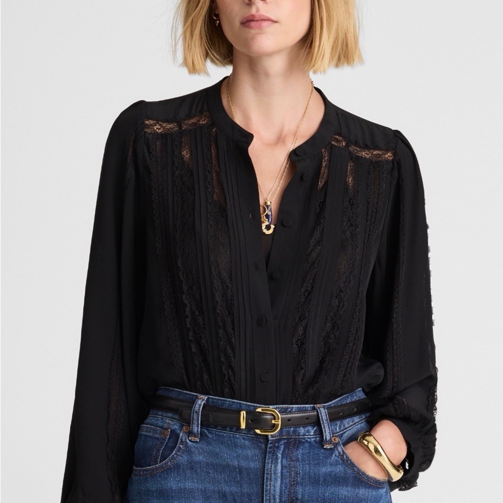 NWT Madewell Black Lace-Insert Button-Up Long-Sleeve Top
